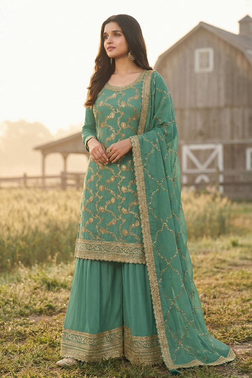 Nidhi Shah Sea Green Embroidered Chinon Readymade Palazzo Salwar Kameez