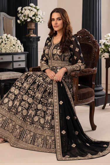 Georgette Function Wear Embroidered Black Readymade Anarkali Dress