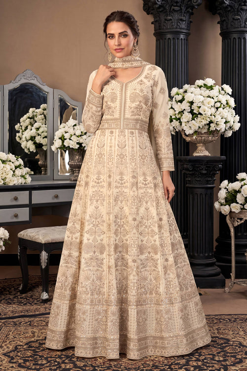 Beige Georgette Embroidered Readymade Anarkali Salwar Kameez