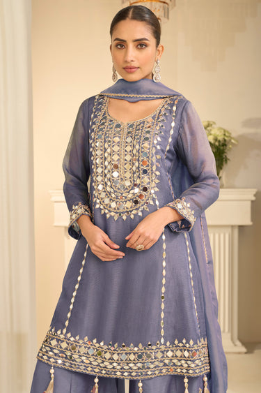 Mirror Work Blue Art Silk Readymade Palazzo Set