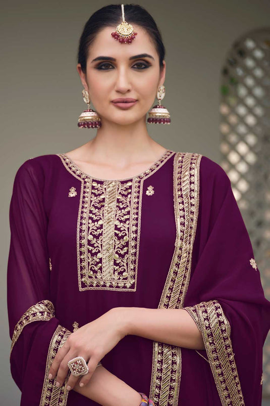 Tempting Georgette Fabric Purple Color Embroidered Palazzo Suit