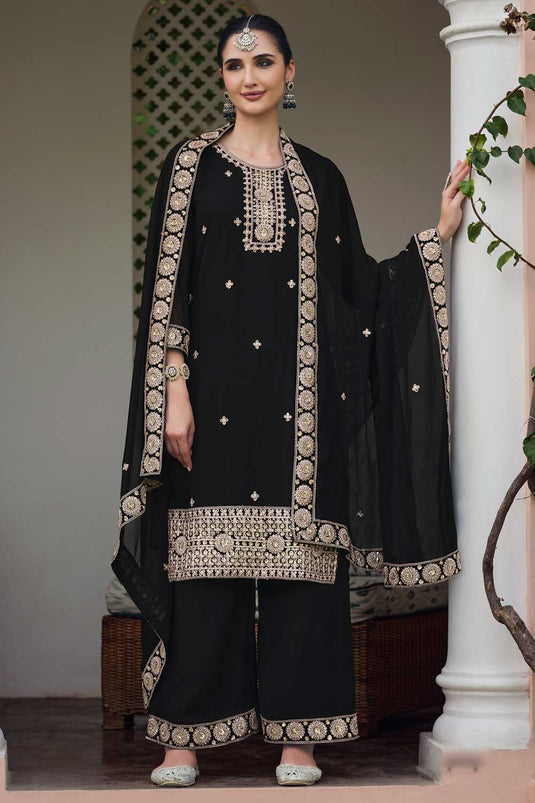 Classic Black Color Embroidered Palazzo Suit In Georgette Fabric