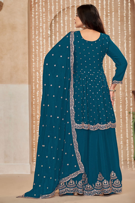 Classic Teal Color Function Wear Palazzo Suit In Chinon Fabric