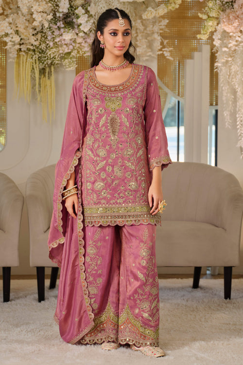 Pink Art Silk Sequins Embroidered Designer Readymade Palazzo Set