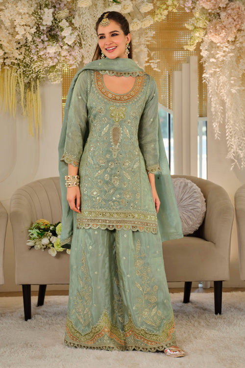 Designer Art Silk Sea Green Sequins Embroidered Readymade Palazzo Suit