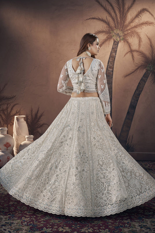 Net Fabric Off White Color Stylish Look Readymade Bridal Lehenga With Sequins Work