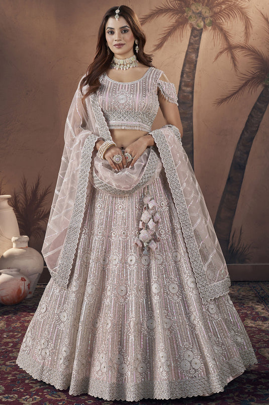 Fabulous Net Fabric Pink Color Sequins Work Readymade Bridal Lehenga