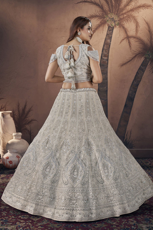 Off White Color Georgette Fabric Sequins Work Glamorous Look Readymade Bridal Lehenga