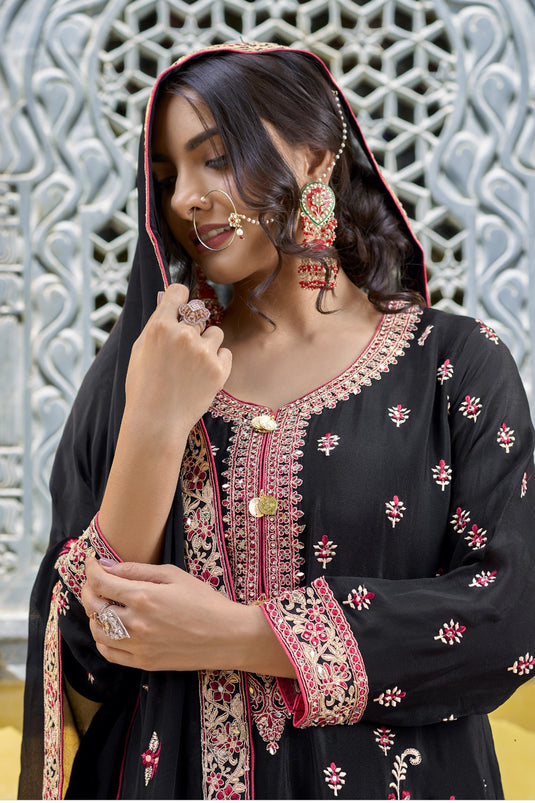 Fascinating Black Color Chinon Fabric Festive Look Palazzo Suit