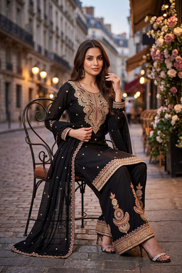 Royal Black Embroidered Chinon Palazzo Suit