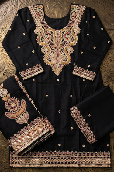 Royal Black Embroidered Chinon Palazzo Suit