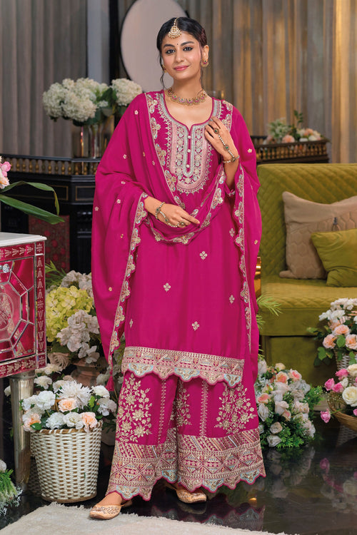 Embroidered Chinon Magenta Readymade Palazzo Suit