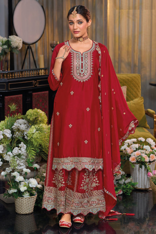 Designer Red Embroidered Readymade Palazzo Dress
