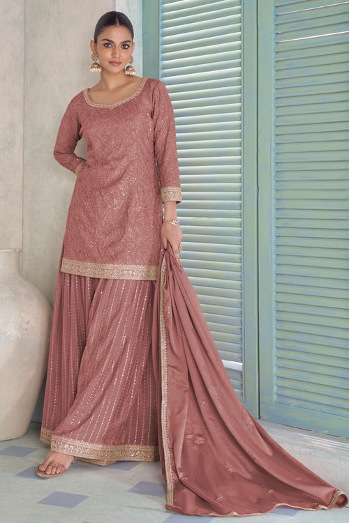 Peach Chinon Embroidered Readymade Palazzo Salwar Kameez