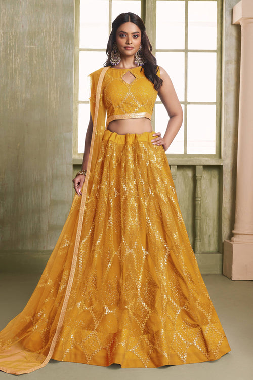 Heavy Sequins Work Yellow Net Fabric Sangeet Lehenga Choli For Women