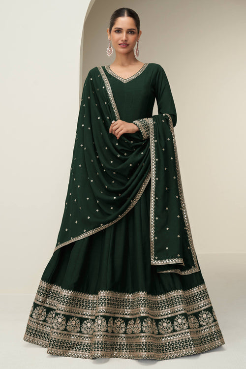 Dark Green Art Silk Sangeet Wear Readymade Anarkali Style Gown With Dupatta