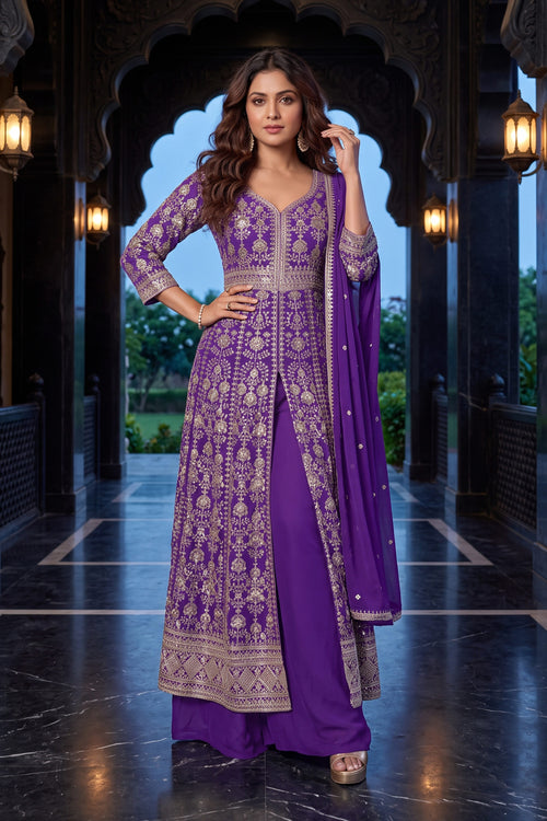 Purple Embroidered Readymade Palazzo Suit