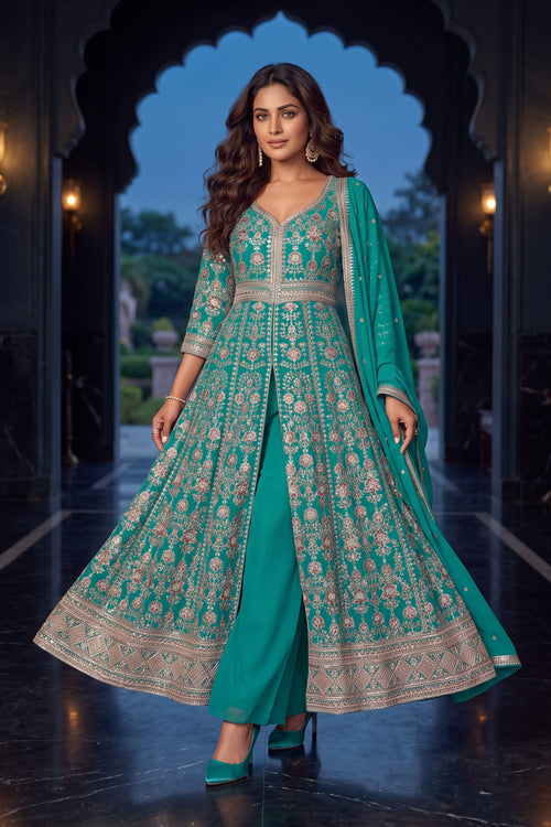 Cyan Zari Embroidered Readymade Palazzo Suit