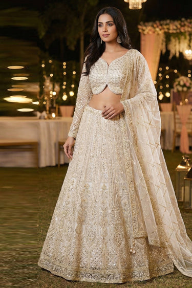 Beige Wedding Wear Embroidered Net Lehenga Choli For Women