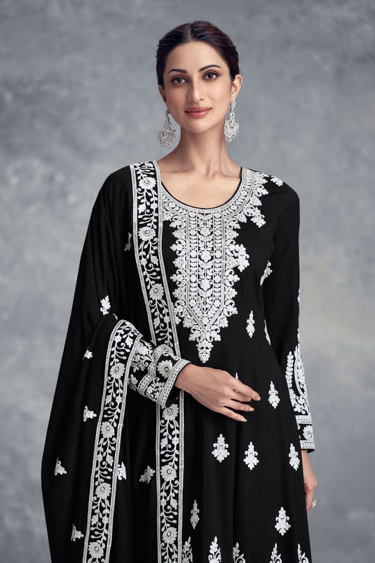 Diksha Singh Dazzling Black Color Readymade Palazzo Suit In Chinon Fabric