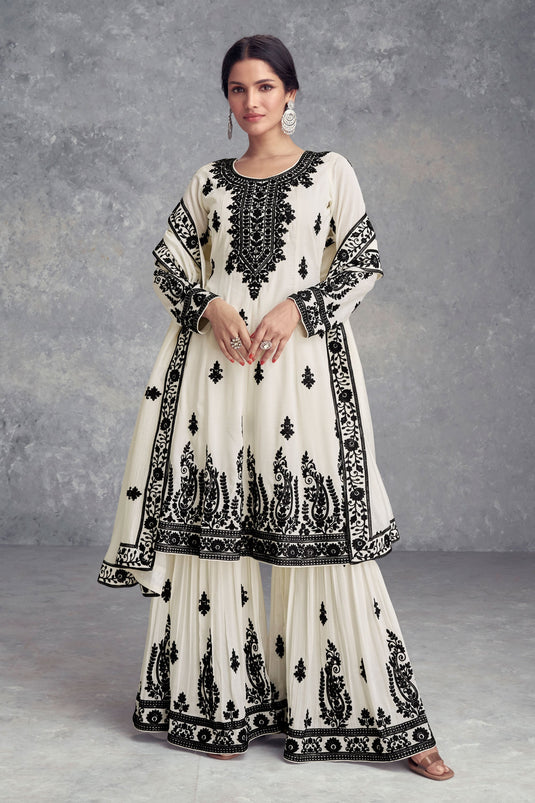 Vartika Singh Entrancing Chinon Fabric Readymade Palazzo Suit In White Color