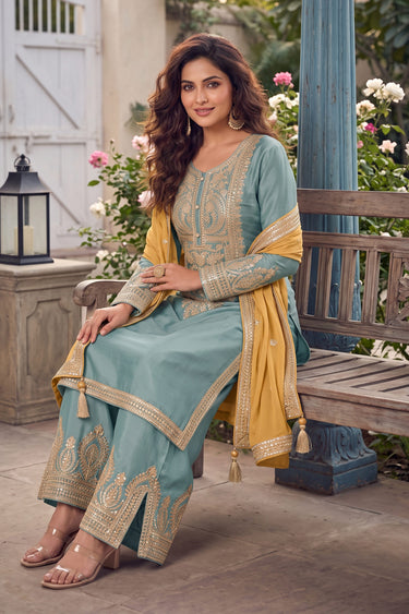 Sky Blue Embroidered Designer Salwar Suit With Contrast Dupatta