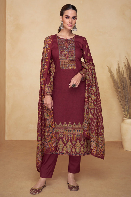 Casual Look Maroon Color Inventive Salwar Suit In Fancy Cotton Fabric