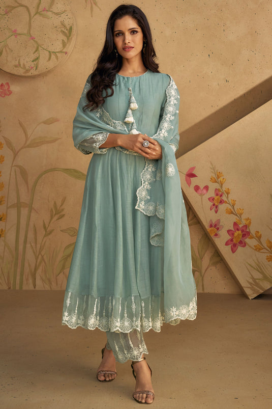 Vartika Singh Light Cyan Color Art Silk Fabric Classic Anarkali Suit