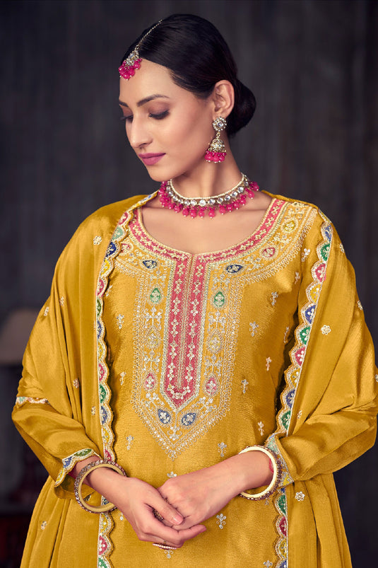 Function Wear Chinon Fabric Embroidered Yellow Color Sharara Top Lehenga