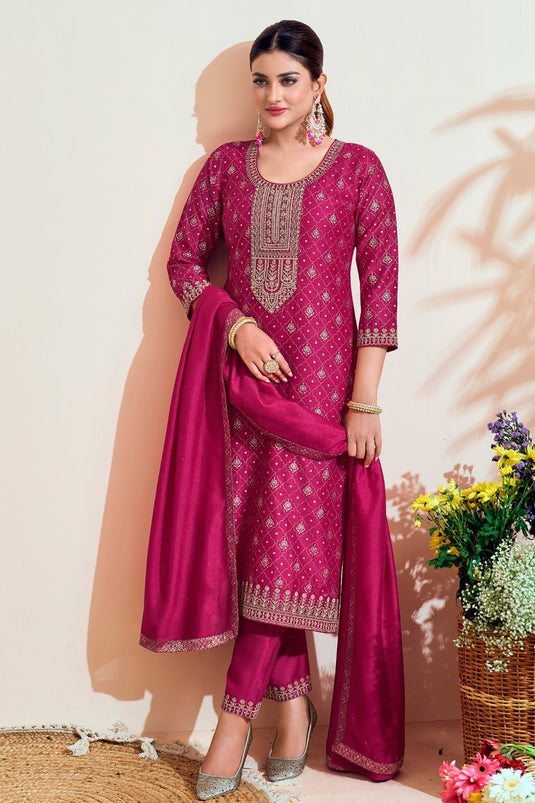 Alluring Vichitra Silk Fabric Rani Color Festive Look Salwar Suit