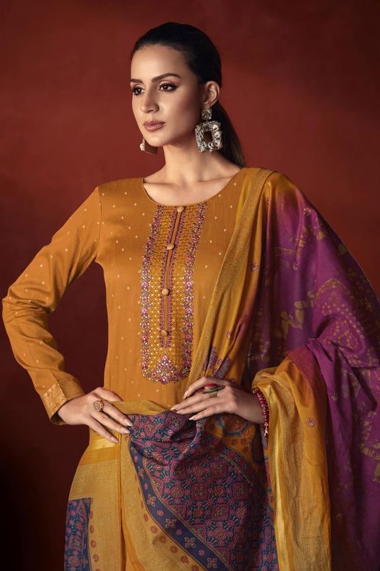Embroidered Mustard Color Inventive Salwar Suit In Viscose Fabric
