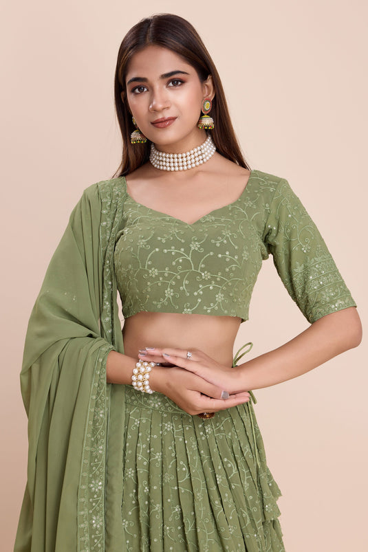 Sequins Work Georgette Sangeet Wear Ravishing Lehenga In Sea Green Color