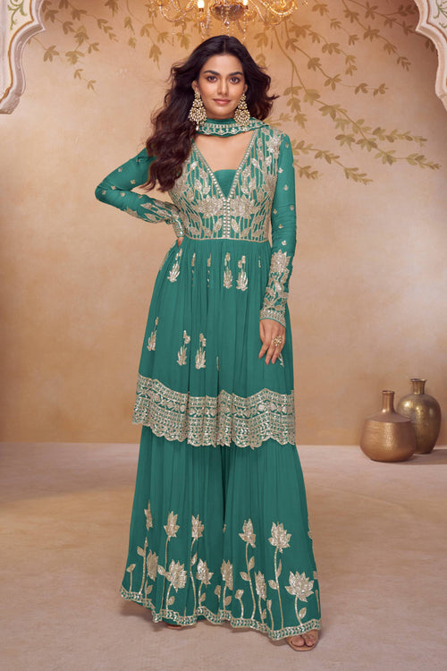 Teal Chinon Embroidered Party Wear Readymade Palazzo Suit