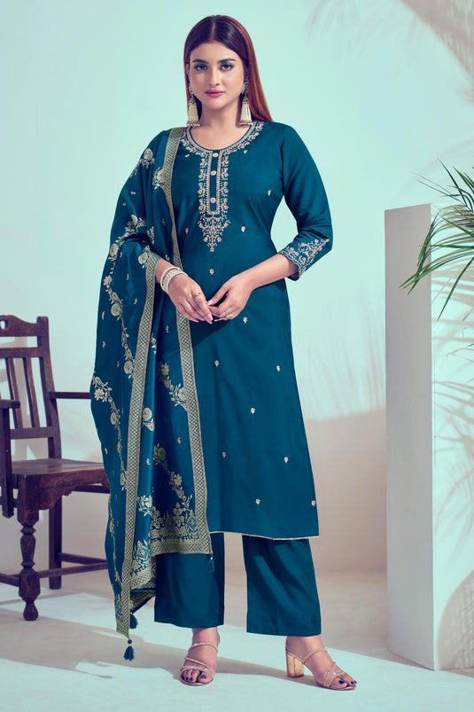 Fascinating Teal Color Art Silk Fabric Festive Style Salwar Suit