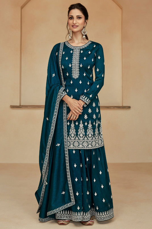 Diksha Singh Teal Color Chic Readymade Art Silk Palazzo Suit