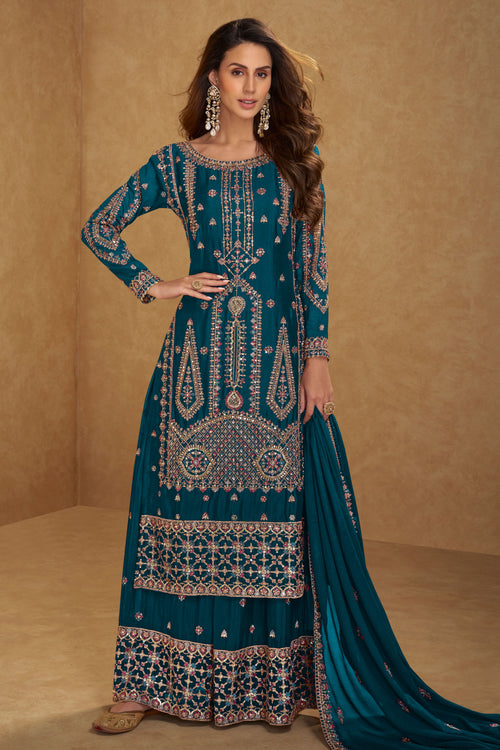 Teal Embroidered Chinon Function Wear Designer Readymade Palazzo Suit