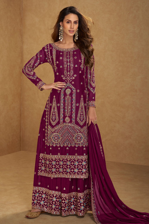 Embroidered Chinon Readymade Palazzo Dress In Magenta Color