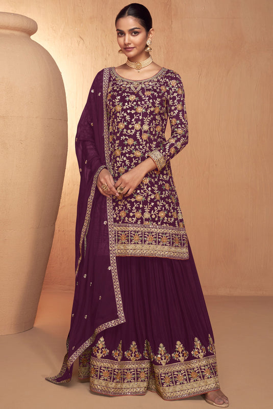 Purple Chinon Fabric Readymade Palazzo Suit For Function