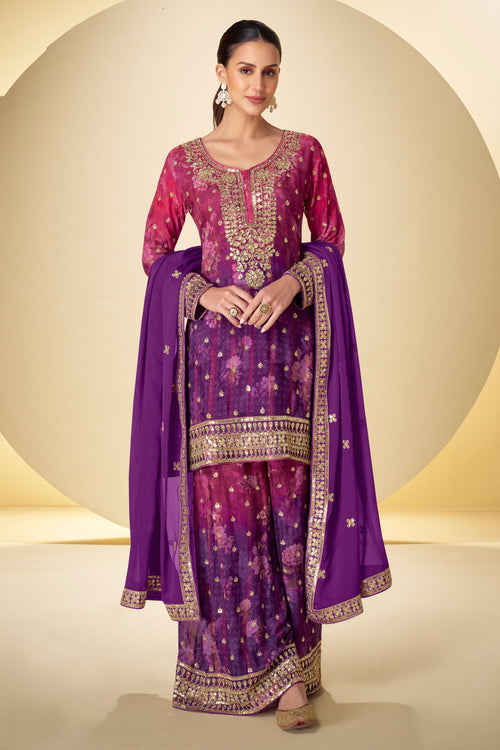 Chinon Purple Embroidered Designer Readymade Palazzo Dress