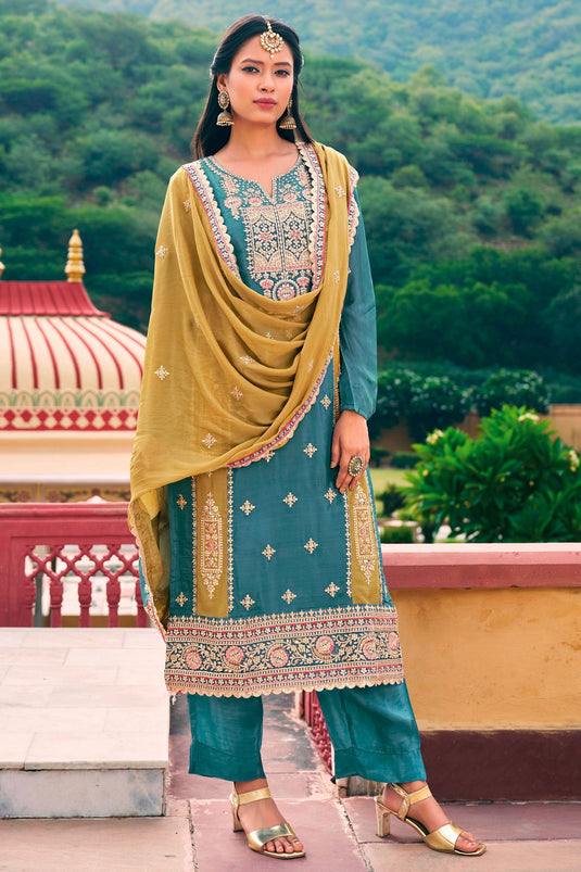 Dazzling Teal Color Readymade Salwar Suit In Chinon Fabric