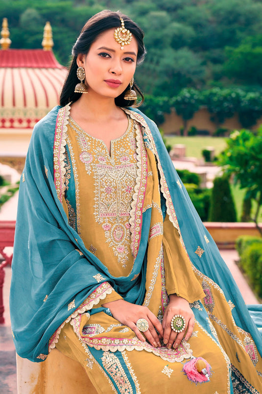 Charming Yellow Color Chinon Fabric Readymade Salwar Suit