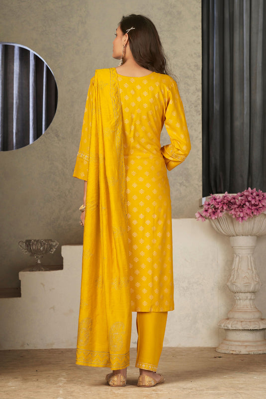 Appealing Festive Wear Rayon Fabric Readymade Salwar Suit In Yellow Color