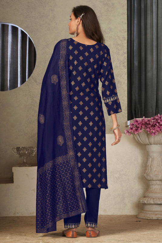 Festive Wear Flamboyant Rayon Fabric Readymade Salwar Suit In Navy Blue Color