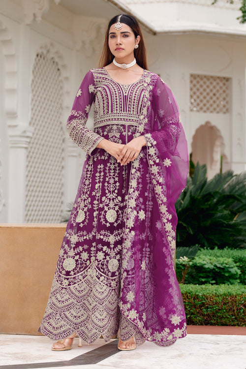 Purple Premium Net Floral Embroidery Readymade Anarkali Salwar Kameez