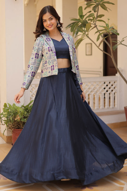 Chinon Fabric Navy Blue Color Beatific Readymade Lehenga Choli With Koti