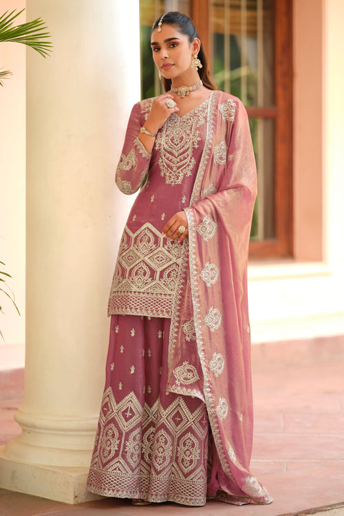 Festive Wear Art Silk Embroidered Palazzo Suit In Dark Beige Color