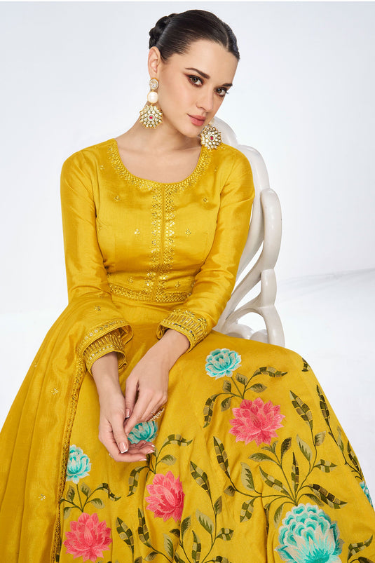 Eugeniya Belousova Yellow Color Glorious Readymade Gown With Dupatta In Art Silk Fabric
