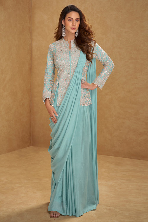 Luxury Cyan Embroidered Pre Stitched Saree With Designer Jacket For Women