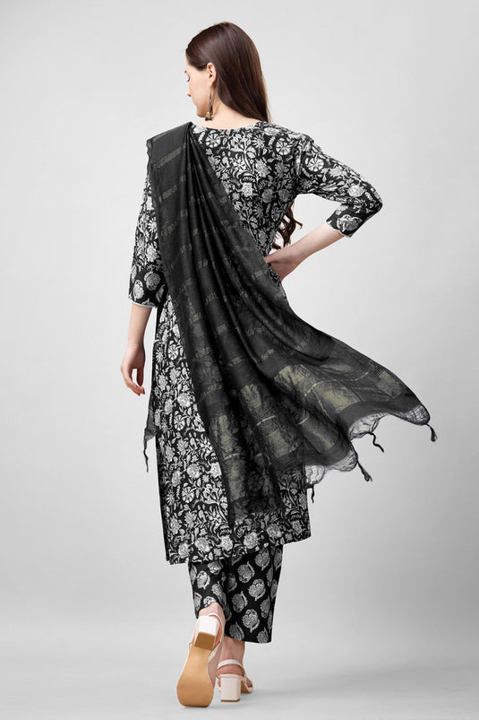 Excellent Rayon Fabric Black Color Readymade Salwar Suit With Printed Work