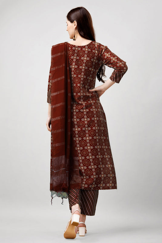 Tempting Rayon Fabric Brown Color Readymade Salwar Suit With Printed Work